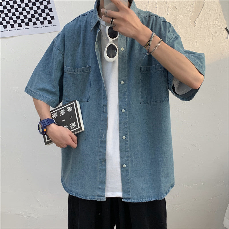 Voguable 90s fashion men Summer New 5-Point Short Sleeve Denim Men's Shirt Korean Style Couple Loose Half Sleeve Short Sleeve Shirt Men's Batch voguable