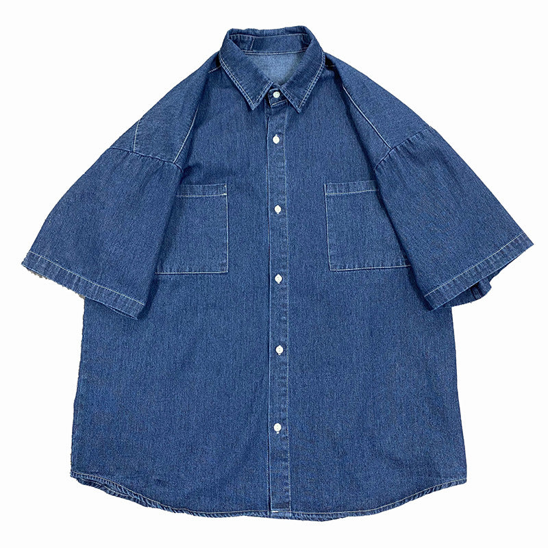 Voguable 90s fashion men Summer New 5-Point Short Sleeve Denim Men's Shirt Korean Style Couple Loose Half Sleeve Short Sleeve Shirt Men's Batch voguable