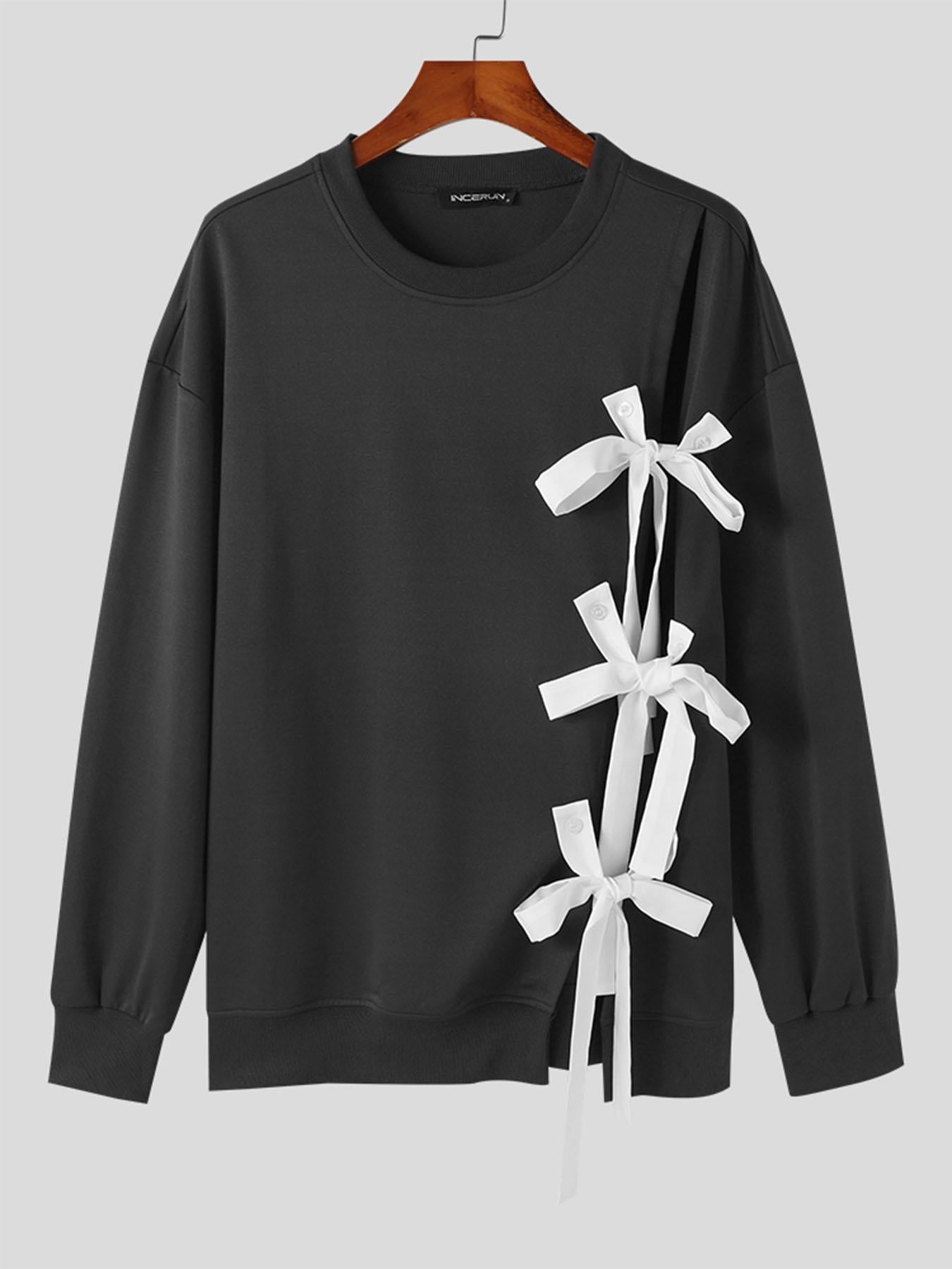 [100% Polyester Burgundy Pullover T-Shirt] INCERUN Men's Burgundy Long Sleeve Pullover T-Shirt with Unique Bow Tie Detail - Casual & Stylish, Round Neck, Loose Fit, Perfect for Parties & Casual Attire, 100% Polyester, Machine voguable