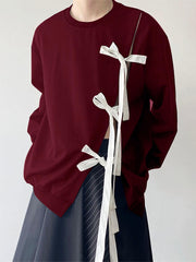 [100% Polyester Burgundy Pullover T-Shirt] INCERUN Men's Burgundy Long Sleeve Pullover T-Shirt with Unique Bow Tie Detail - Casual & Stylish, Round Neck, Loose Fit, Perfect for Parties & Casual Attire, 100% Polyester, Machine voguable