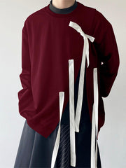 [100% Polyester Burgundy Pullover T-Shirt] INCERUN Men's Burgundy Long Sleeve Pullover T-Shirt with Unique Bow Tie Detail - Casual & Stylish, Round Neck, Loose Fit, Perfect for Parties & Casual Attire, 100% Polyester, Machine voguable