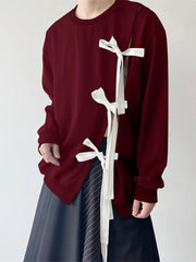 [100% Polyester Burgundy Pullover T-Shirt] INCERUN Men's Burgundy Long Sleeve Pullover T-Shirt with Unique Bow Tie Detail - Casual & Stylish, Round Neck, Loose Fit, Perfect for Parties & Casual Attire, 100% Polyester, Machine voguable