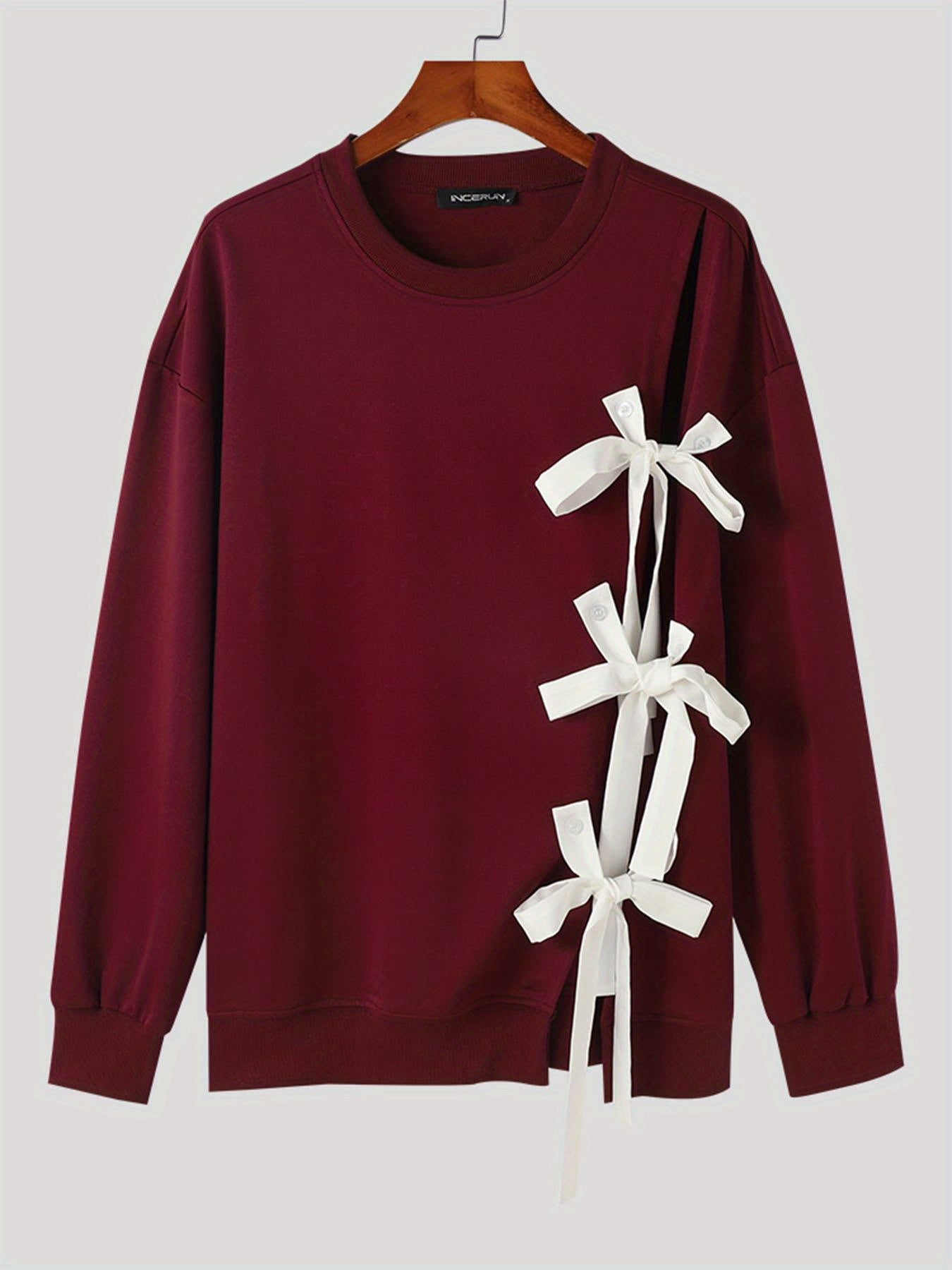 [100% Polyester Burgundy Pullover T-Shirt] INCERUN Men's Burgundy Long Sleeve Pullover T-Shirt with Unique Bow Tie Detail - Casual & Stylish, Round Neck, Loose Fit, Perfect for Parties & Casual Attire, 100% Polyester, Machine voguable