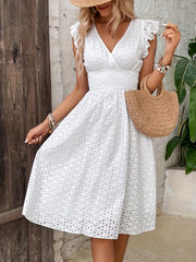 [A-line Shirred Waist Hollow Dress] Shirred Waist Hollow A-line Dress, Vacation V Neck Ruffle Sleeve Dress For Spring & Summer, Women's Clothing Wedding graduation engagement occasion ceremony party holiday vacation birthday voguable