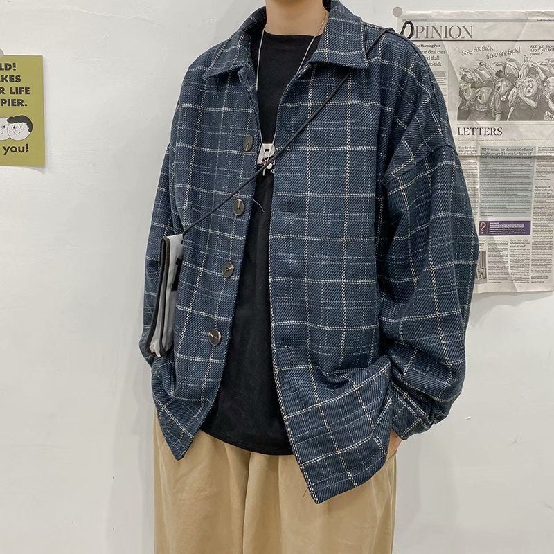Voguable grunge outfits Autumn and Winter Plaid Woolen Coat Men's Loose Korean Style Trendy Ins Woolen Coat Retro Hong Kong Trendy voguable
