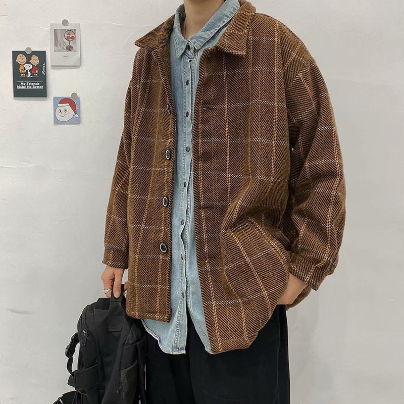 Voguable grunge outfits Autumn and Winter Plaid Woolen Coat Men's Loose Korean Style Trendy Ins Woolen Coat Retro Hong Kong Trendy voguable