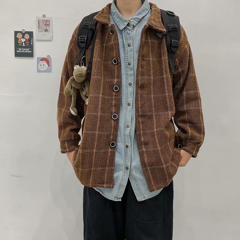 Voguable grunge outfits Autumn and Winter Plaid Woolen Coat Men's Loose Korean Style Trendy Ins Woolen Coat Retro Hong Kong Trendy voguable