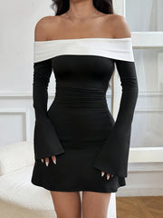 1pc Elegant Off-Shoulder Color Block Long Sleeve Bodycon Dress for Women, Polyester Knit Fabric, Solid Color, Slimming Fit for Spring/Fall voguable