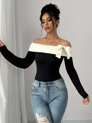 Cozy Off-the-Shoulder Bow-Knot Top, Solid Color Long Sleeve Knitted Polyester Shirt for Young Fashion Style Fall/Winter voguable