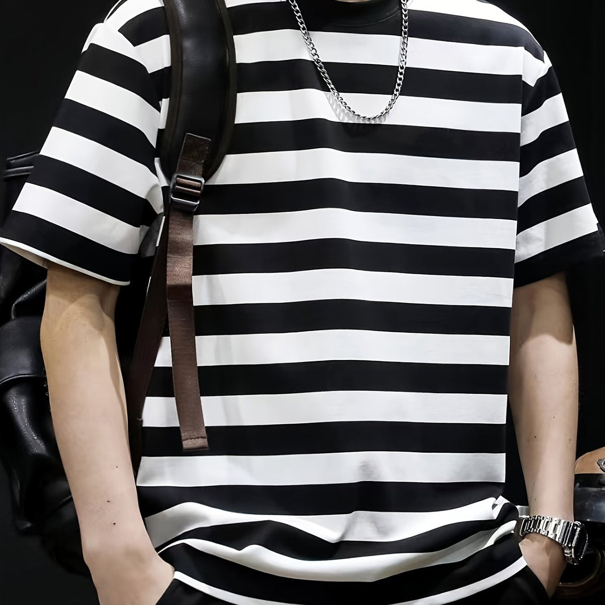 Men's Striped T-shirt, Casual Short Sleeve Crew Neck Tee, Men's Clothing for Outdoor gotmes-shop