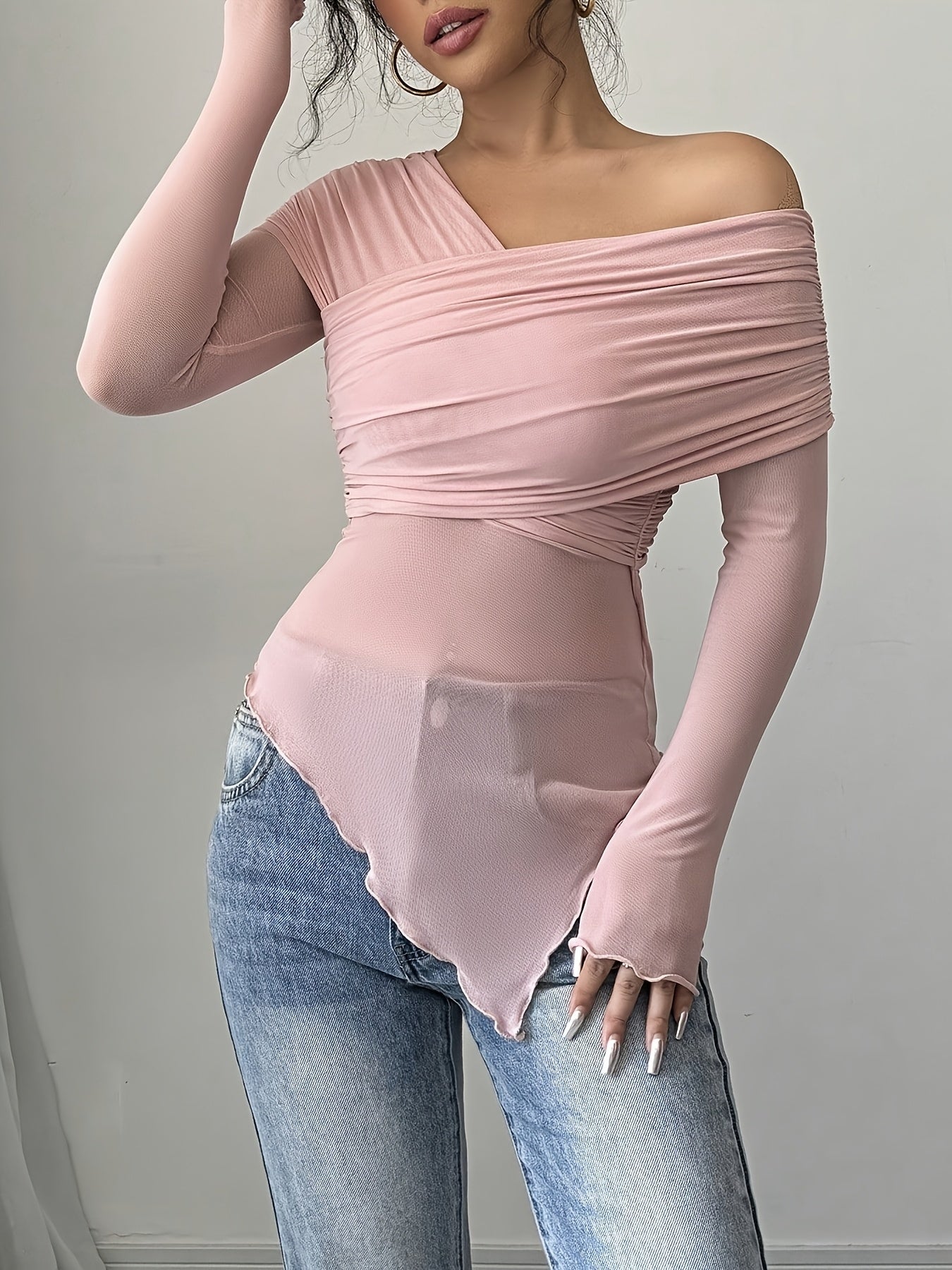 Long Sleeve Polyester Blend Off the Shoulder Asymmetrical Hem T-Shirt - Medium Stretch Knit Fabric, Solid Color, for Spring/Summer/Fall voguable