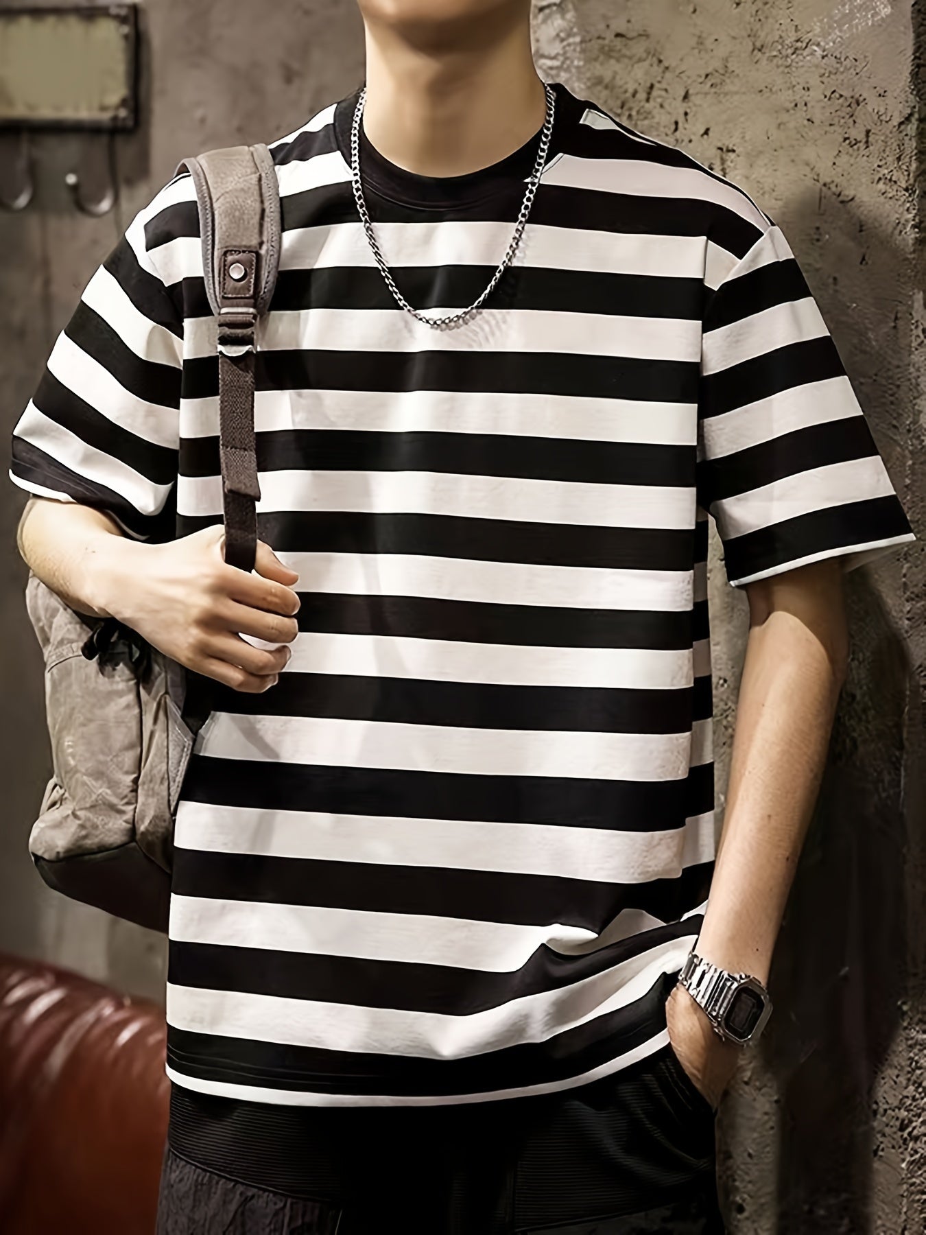 Men's Striped T-shirt, Casual Short Sleeve Crew Neck Tee, Men's Clothing for Outdoor gotmes-shop