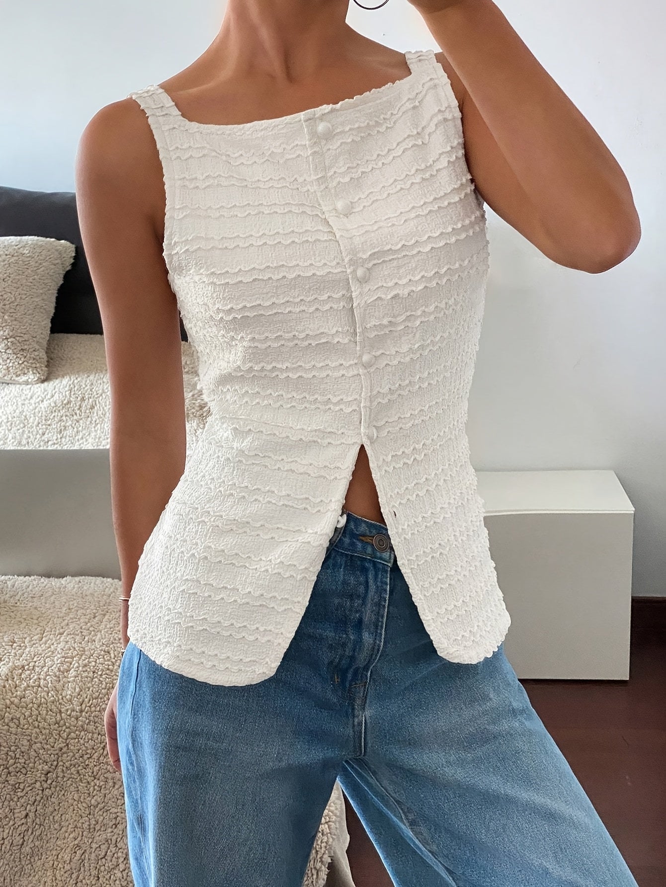 [Sleeveless Textured Cardigan Elegant Shirt] Women's square collar cardigan buttonless sleeveless textured horizontal striped elegant shirt, waist-tightening top, commuting minimalist office old money loose, simple Women's to voguable