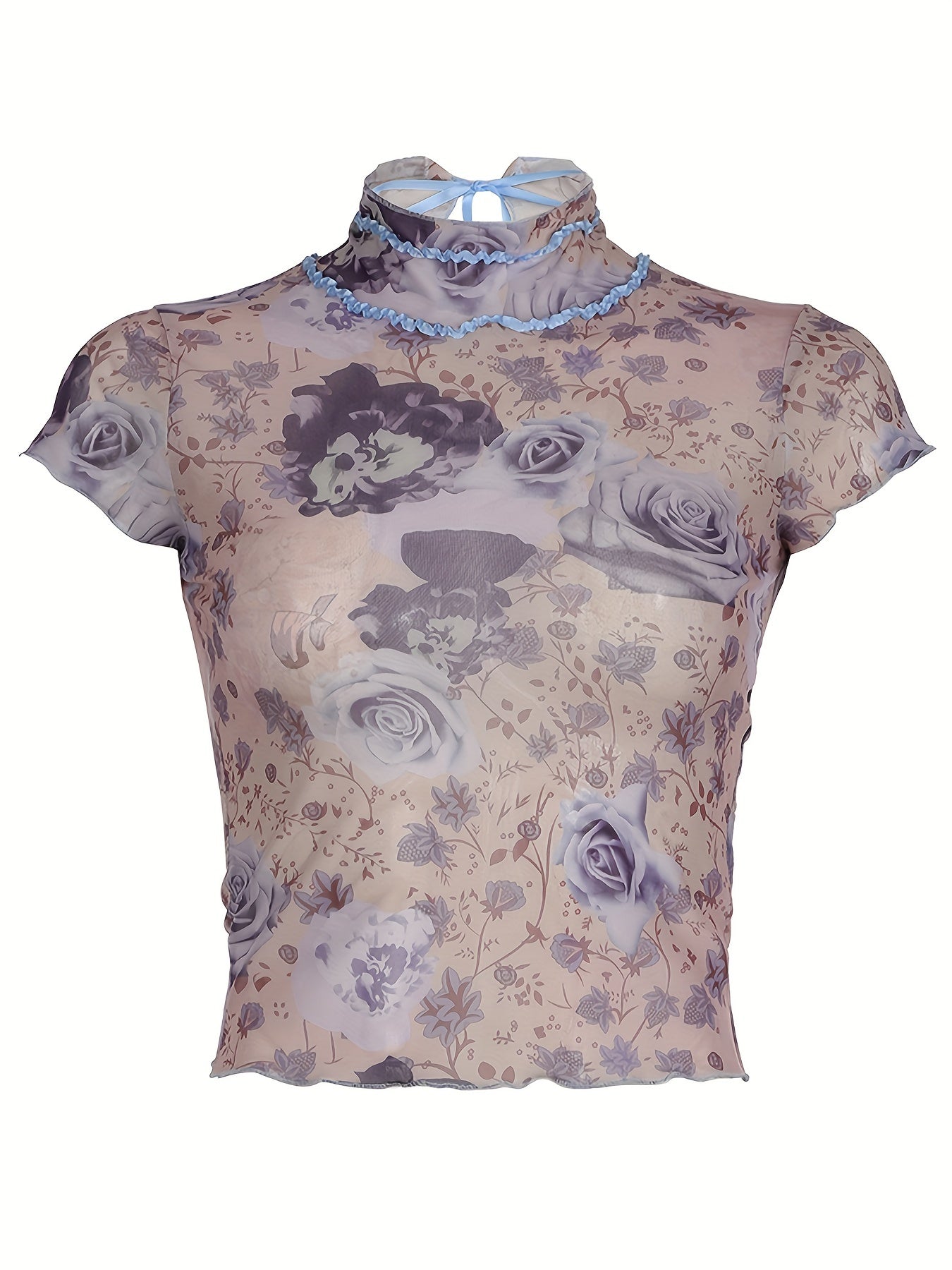 Rustic Retro Floral Mesh T-shirt Y2K Pleated Lace Contrast Color Weft Lanyard Bow Short Top French Style voguable