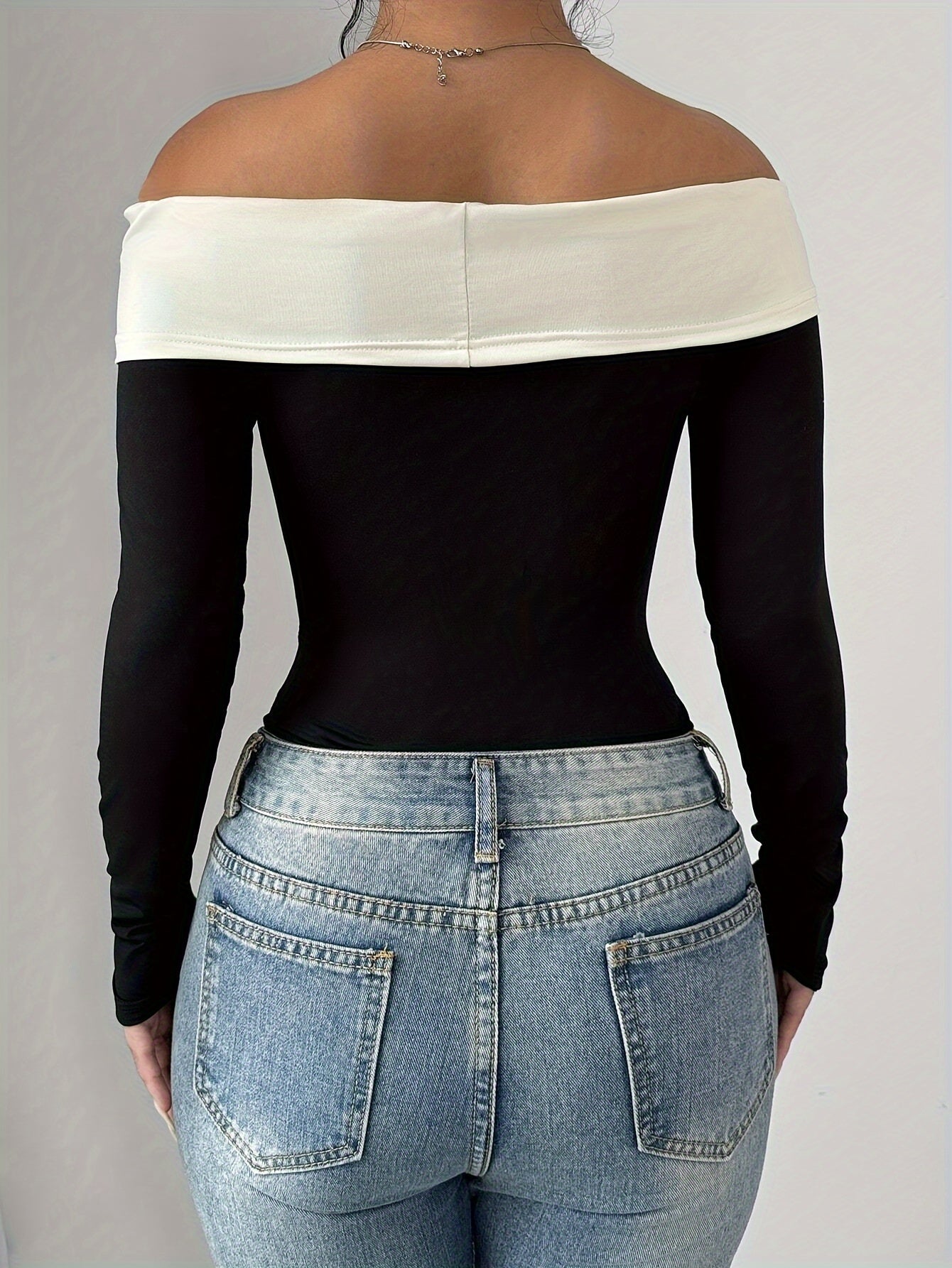 Cozy Off-the-Shoulder Bow-Knot Top, Solid Color Long Sleeve Knitted Polyester Shirt for Young Fashion Style Fall/Winter voguable