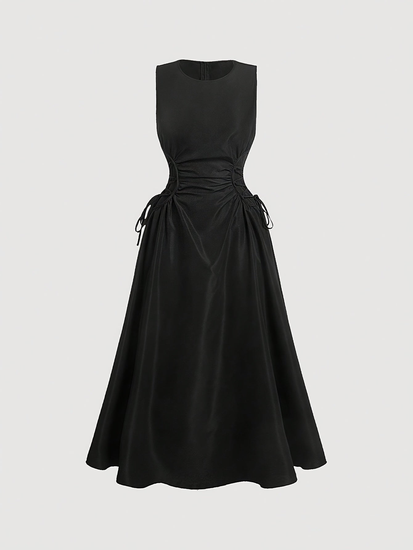 Solid Color Polyester Midi Dress - Elegant Round Neck Cinched Waist for Women - Machine Washable, Long Skirt voguable