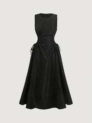 Solid Color Polyester Midi Dress - Elegant Round Neck Cinched Waist for Women - Machine Washable, Long Skirt voguable