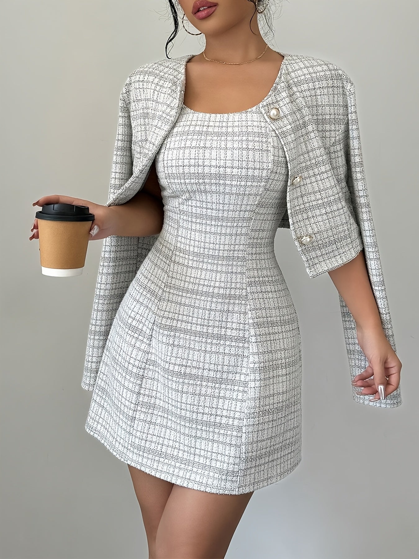 [Two Piece A-Line Dress Suit] Elegant Plaid Dress Suit for Women - Polyester Two Piece Set with A-Line Mini Dress and Buttoned Jacket, Crew Neck, Woven - All Season Fashion voguable
