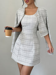 [Two Piece A-Line Dress Suit] Elegant Plaid Dress Suit for Women - Polyester Two Piece Set with A-Line Mini Dress and Buttoned Jacket, Crew Neck, Woven - All Season Fashion voguable