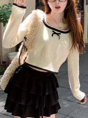 Casual Knitwear] Chic Women's Beige Knit Top with Bowknot Detail - Square Neck, Long Sleeve, Ribbed Trim, Polyester - Machine Washable for Spring/Fall Fashion voguable