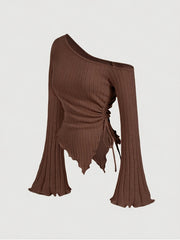 Elegant Asymmetrical Hem Flare Sleeve Off-Shoulder T-Shirt, Polyester Knit Fabric with Elastane, Solid Color, Long Batwing Sleeves, Skinny Fit, Medium Stretch, for All Seasons voguable