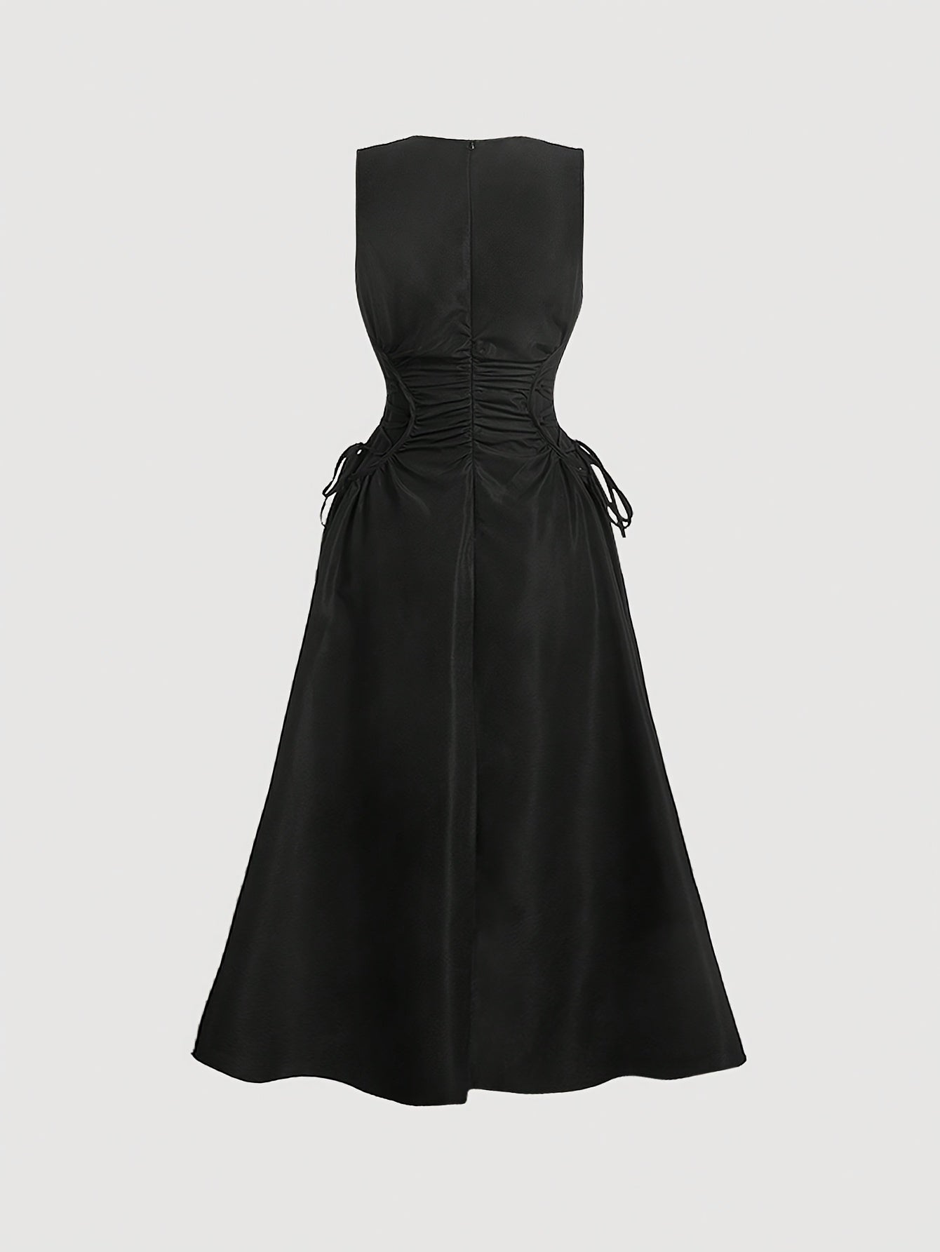 Solid Color Polyester Midi Dress - Elegant Round Neck Cinched Waist for Women - Machine Washable, Long Skirt voguable