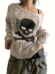 [Skull Pattern Boat Neck Sweater] Skull Pattern Boat Neck Sweater, Casual Eyelet Long Sleeve Sweater For Spring & Fall, Women's Clothing voguable
