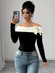 Cozy Off-the-Shoulder Bow-Knot Top, Solid Color Long Sleeve Knitted Polyester Shirt for Young Fashion Style Fall/Winter voguable