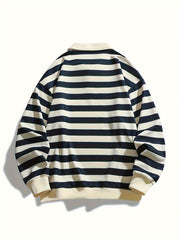 [Regular Fit Striped Polo Shirt] Men's Striped Long Sleeve Polo Shirt, Casual Style, Polyester Fabric, Regular Fit, Knitted, Crew Neck, No Detail, Regular Type, Sportswear T-Shirt voguable