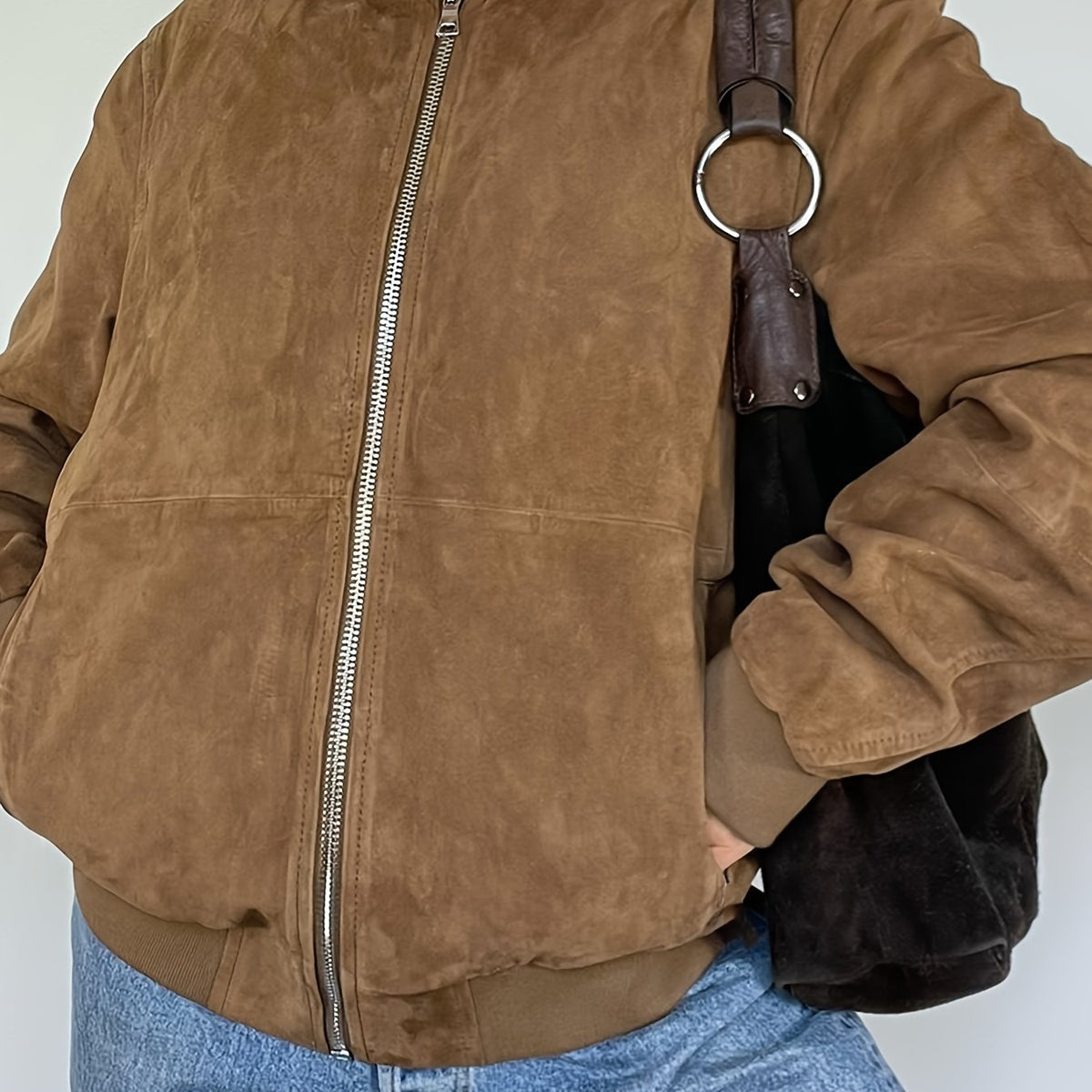 Women's Vintage-Inspired Brown Faux Suede Jacket - Cozy Zip-Up Bomber with Pockets, Stand Collar, Long Sleeves for Fall & Winter Streetwear voguable