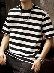 Men's Striped T-shirt, Casual Short Sleeve Crew Neck Tee, Men's Clothing for Outdoor gotmes-shop