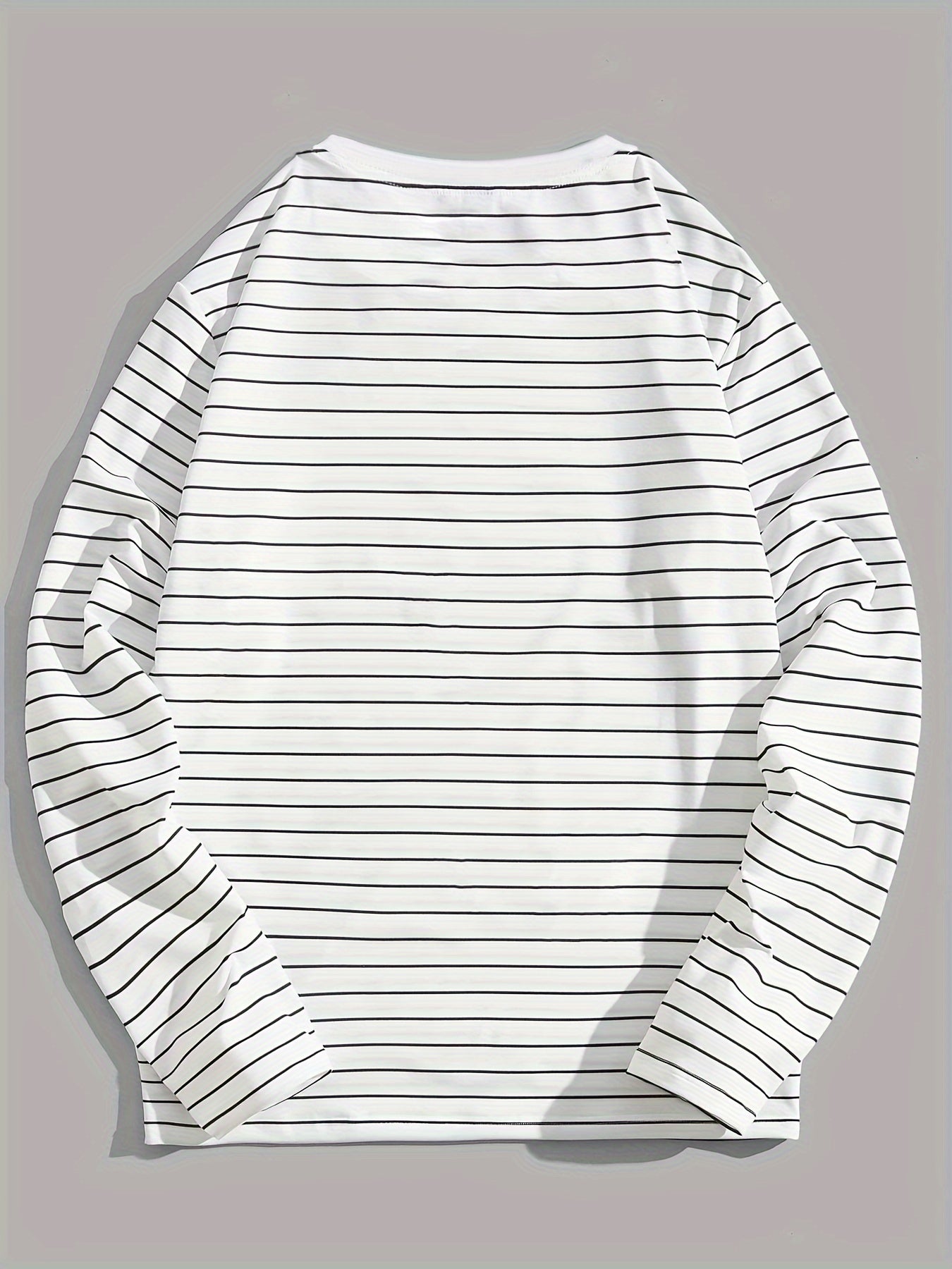 Men's Simple Black Striped Print Long Sleeve T-Shirt, Versatile for Spring/Autumn, Casual Round Neck, Polyester Fabric, Regular Fit, Adult Size gotmes-shop