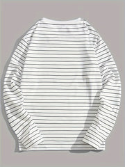 Men's Simple Black Striped Print Long Sleeve T-Shirt, Versatile for Spring/Autumn, Casual Round Neck, Polyester Fabric, Regular Fit, Adult Size gotmes-shop