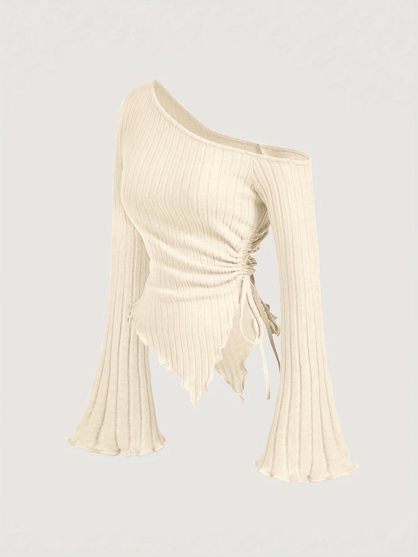 Elegant Asymmetrical Hem Flare Sleeve Off-Shoulder T-Shirt, Polyester Knit Fabric with Elastane, Solid Color, Long Batwing Sleeves, Skinny Fit, Medium Stretch, for All Seasons voguable