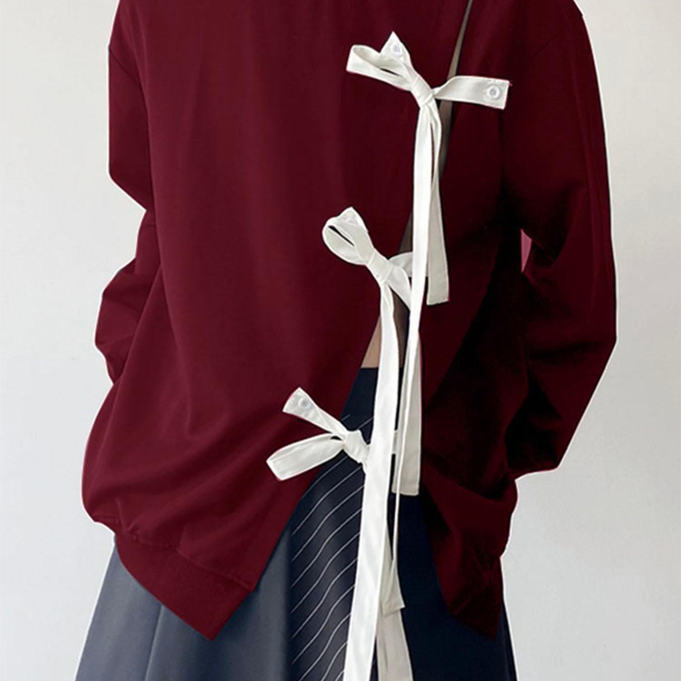 [100% Polyester Burgundy Pullover T-Shirt] INCERUN Men's Burgundy Long Sleeve Pullover T-Shirt with Unique Bow Tie Detail - Casual & Stylish, Round Neck, Loose Fit, Perfect for Parties & Casual Attire, 100% Polyester, Machine voguable