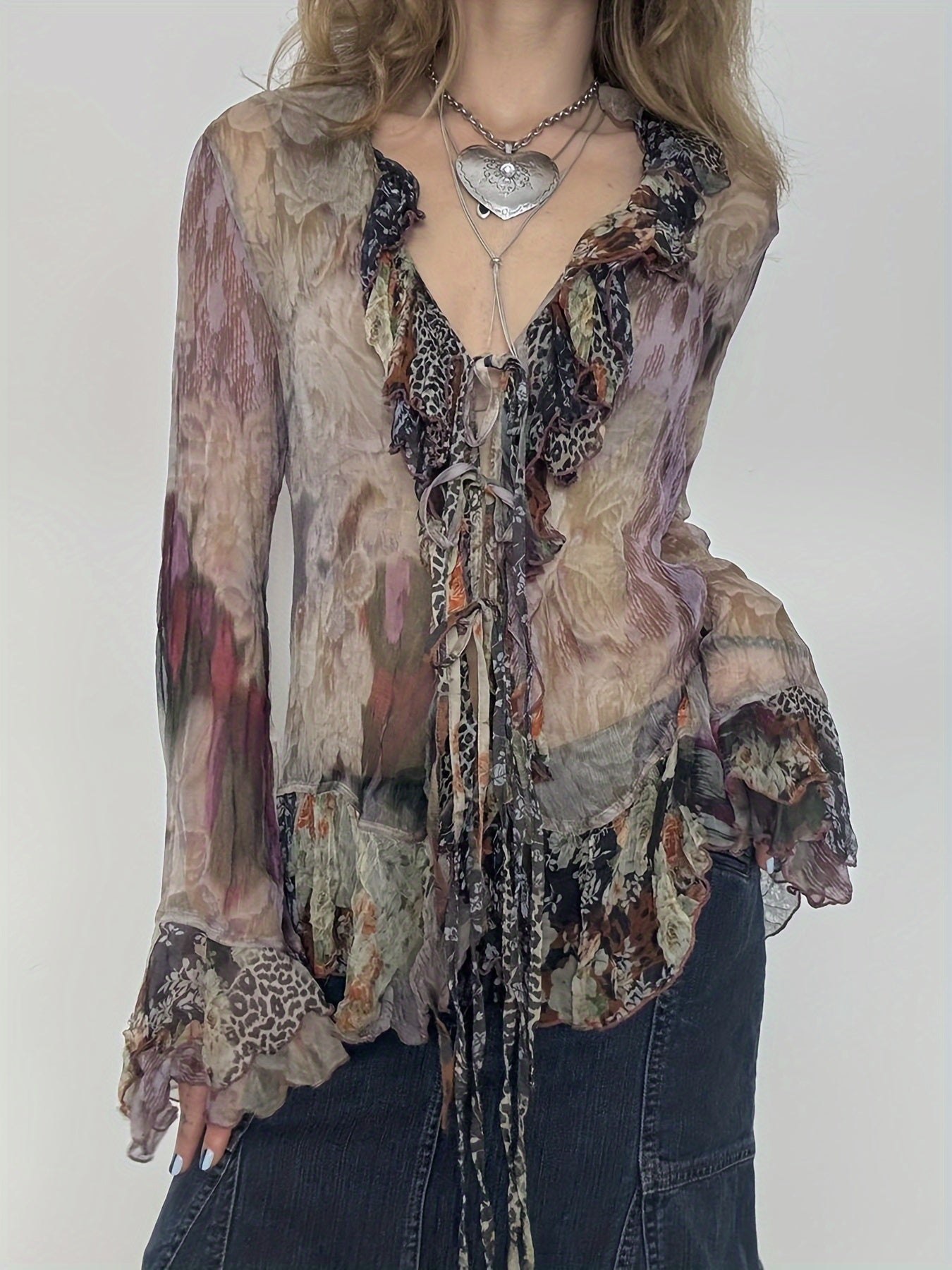 Vintage Printed Mesh T-Shirt with a Fairy-Like Trash Style, Featuring Ruffled Edges, Tie Straps, And Bell Sleeves in a Sheer Design. voguable