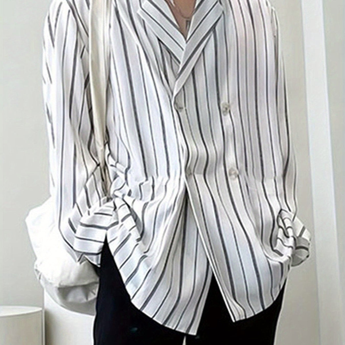 Men's Classic Stripe Polyester Shirt - 100% Woven Polyester, Lapel Collar, Non-Stretch, Button Detail, Loose Fit, Double Breasted, Long Sleeve, Casual Work Shirt for Spring/Fall gotmes-shop