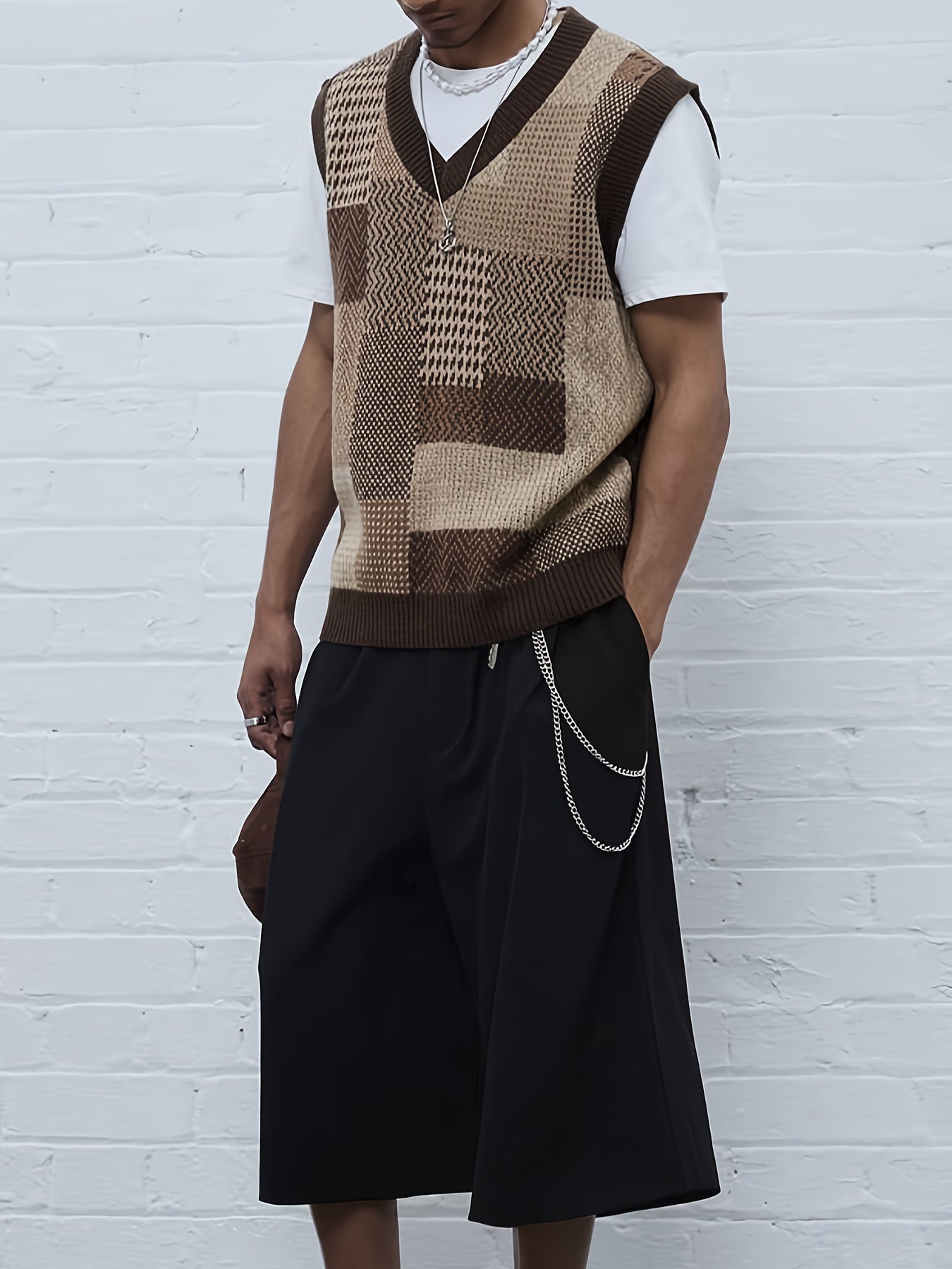 [250g V-Neck Stretch Vest] Men'S Fashion V-Neck Knit Vest, Viscose 100% Sleeveless Tank Top, Geometric Pattern, Casual Streetwear, Stretch Fit, 250g/m², for Spring/Summer/Fall - Party, Weekend, Night Out gotmes-shop