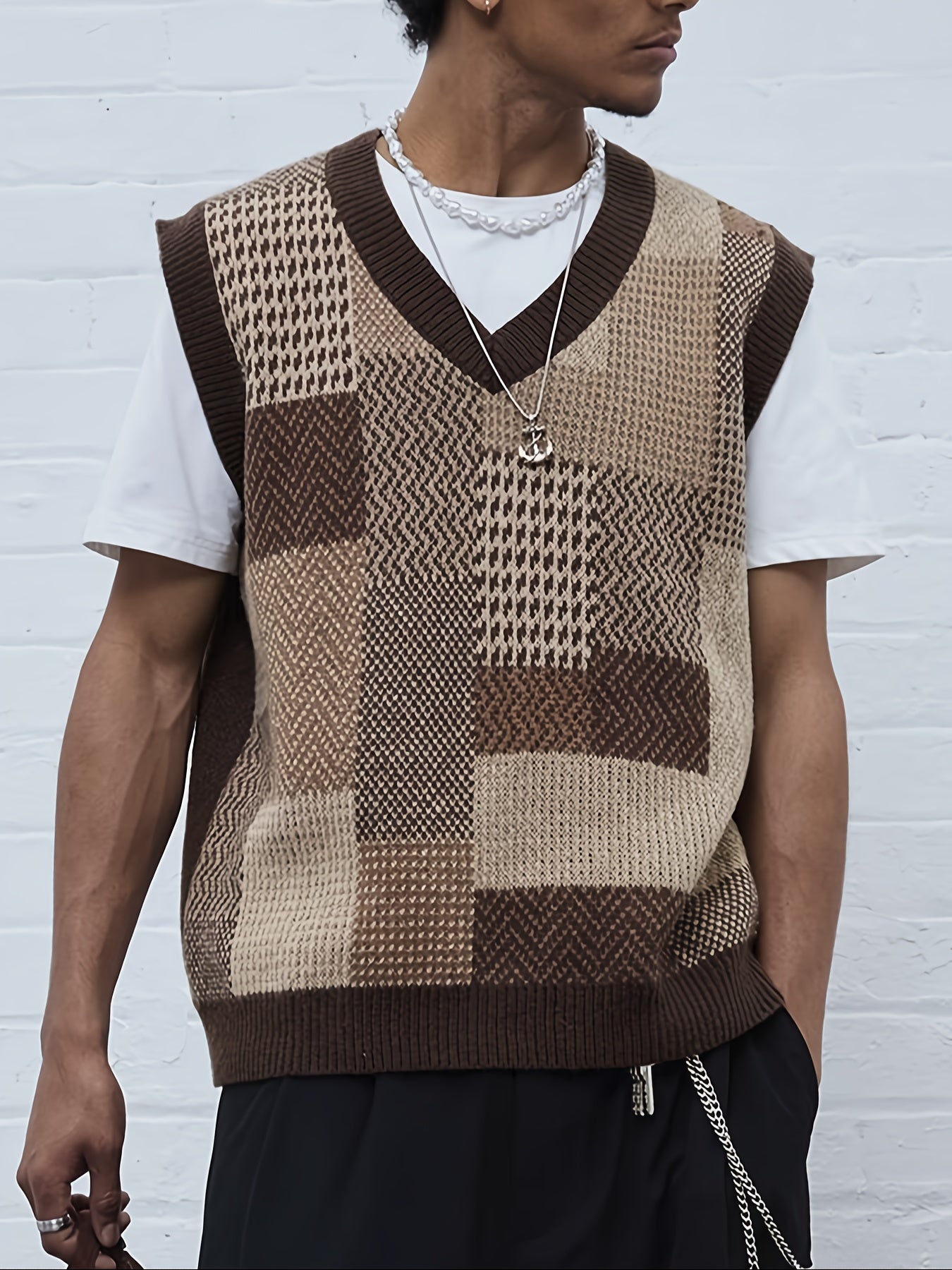 [250g V-Neck Stretch Vest] Men'S Fashion V-Neck Knit Vest, Viscose 100% Sleeveless Tank Top, Geometric Pattern, Casual Streetwear, Stretch Fit, 250g/m², for Spring/Summer/Fall - Party, Weekend, Night Out gotmes-shop