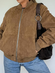 Women's Vintage-Inspired Brown Faux Suede Jacket - Cozy Zip-Up Bomber with Pockets, Stand Collar, Long Sleeves for Fall & Winter Streetwear voguable