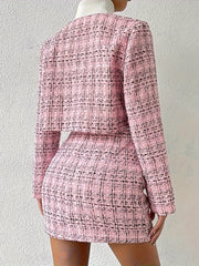 [For Women Machine Washable Jacket] Elegant French Plaid Button-Up Crop Jacket & Skirt Set for Women - Polyester, Machine Washable voguable