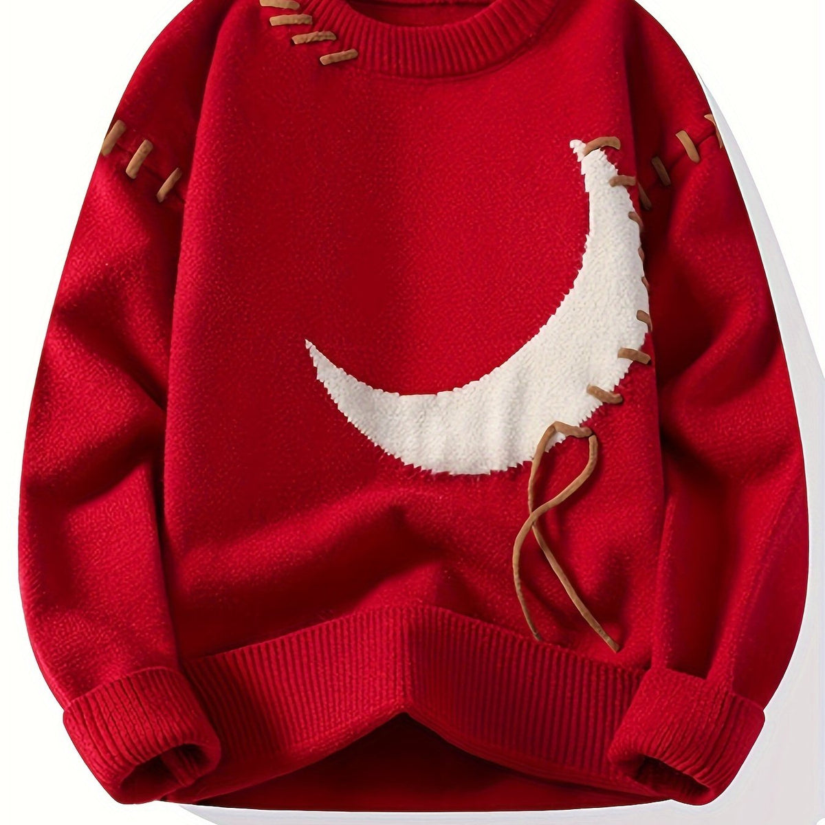 Cozy Acrylic Blend Crescent Moon Sweater - Men's Trendy Distressed Long Sleeve Pullover - Versatile & Warm for Fall/Winter, Plus Size voguable
