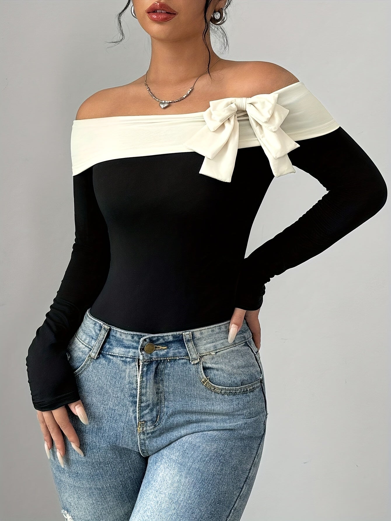 Cozy Off-the-Shoulder Bow-Knot Top, Solid Color Long Sleeve Knitted Polyester Shirt for Young Fashion Style Fall/Winter voguable
