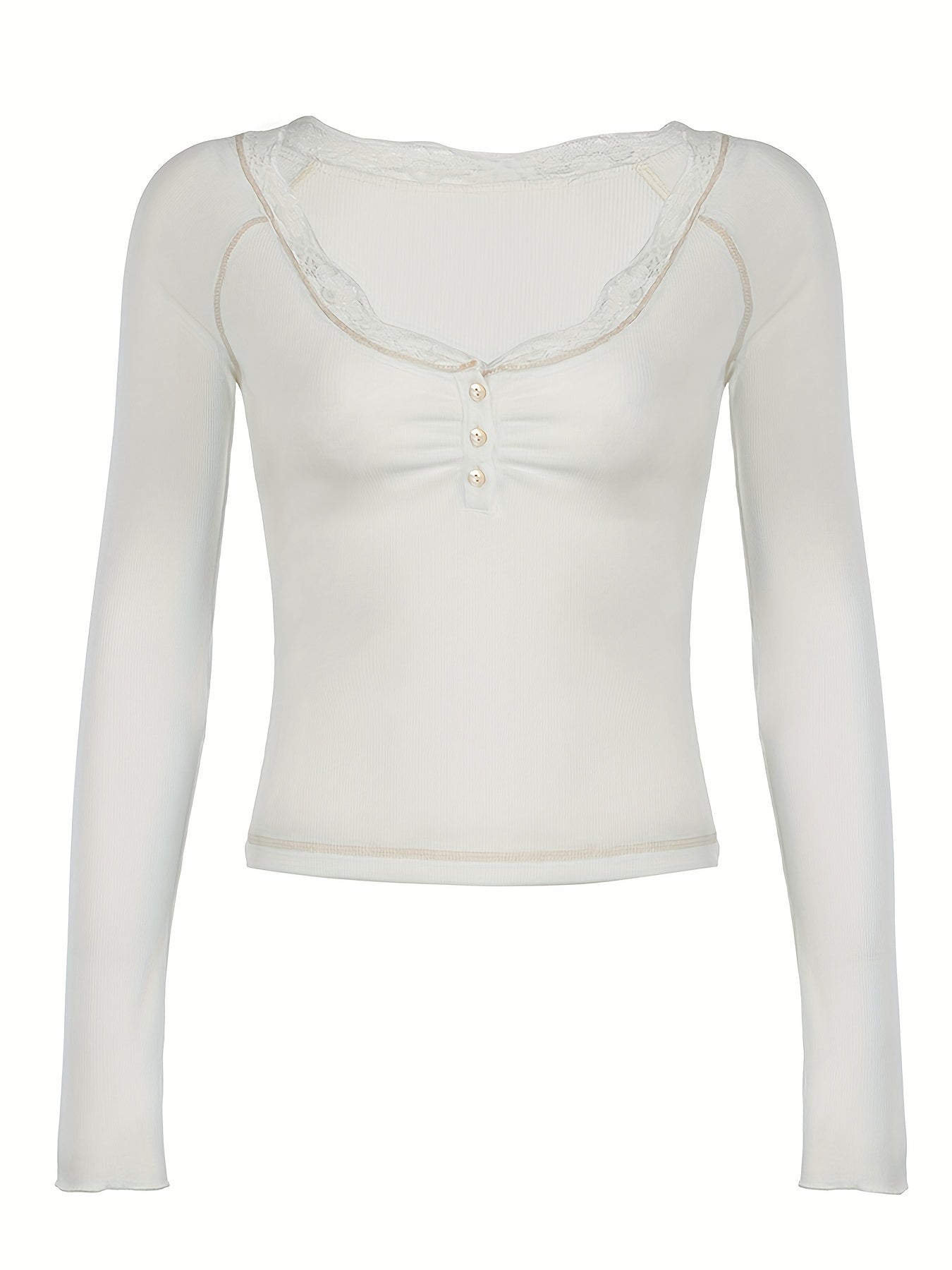 Y2K-Inspired Vintage Lace Trim Colorblock T-Shirt - Stretchy, Long Sleeve, V-Neck Top for Women - Perfect for Spring & Fall voguable