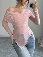 Long Sleeve Polyester Blend Off the Shoulder Asymmetrical Hem T-Shirt - Medium Stretch Knit Fabric, Solid Color, for Spring/Summer/Fall voguable