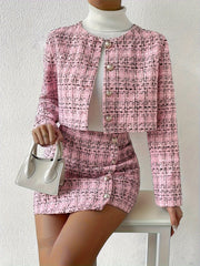 [For Women Machine Washable Jacket] Elegant French Plaid Button-Up Crop Jacket & Skirt Set for Women - Polyester, Machine Washable voguable