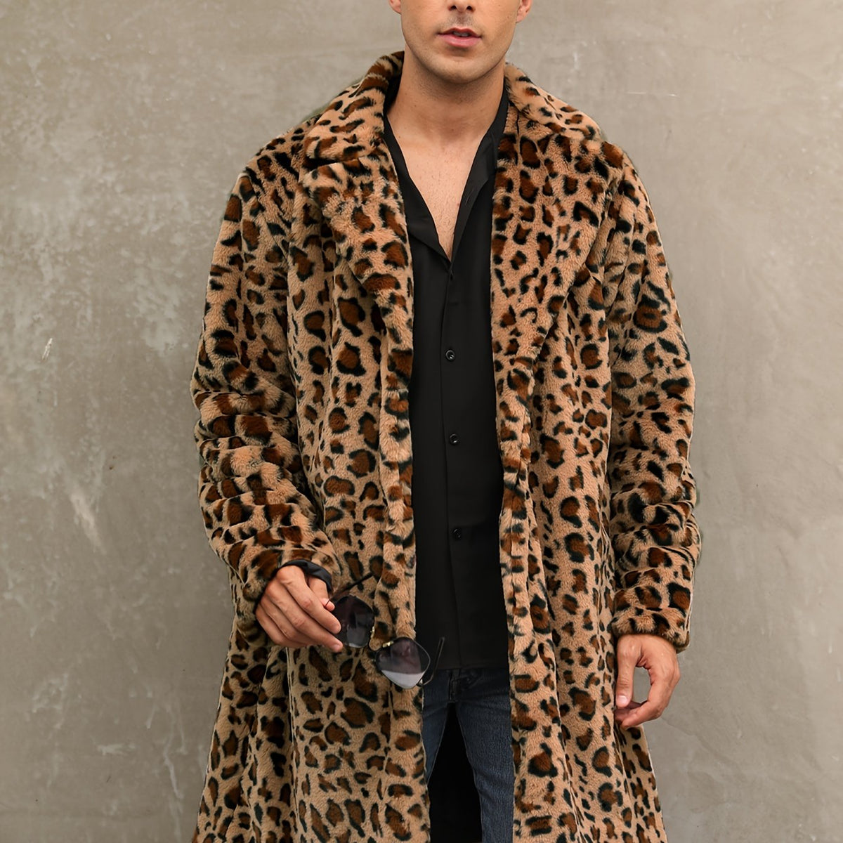 [Long Warm Coat Leopard Pattern] Men's Plush Warm Coat With Leopard/ Zebra Pattern Design, Long Length Trendy Coats For Fall/Winter gotmes-shop