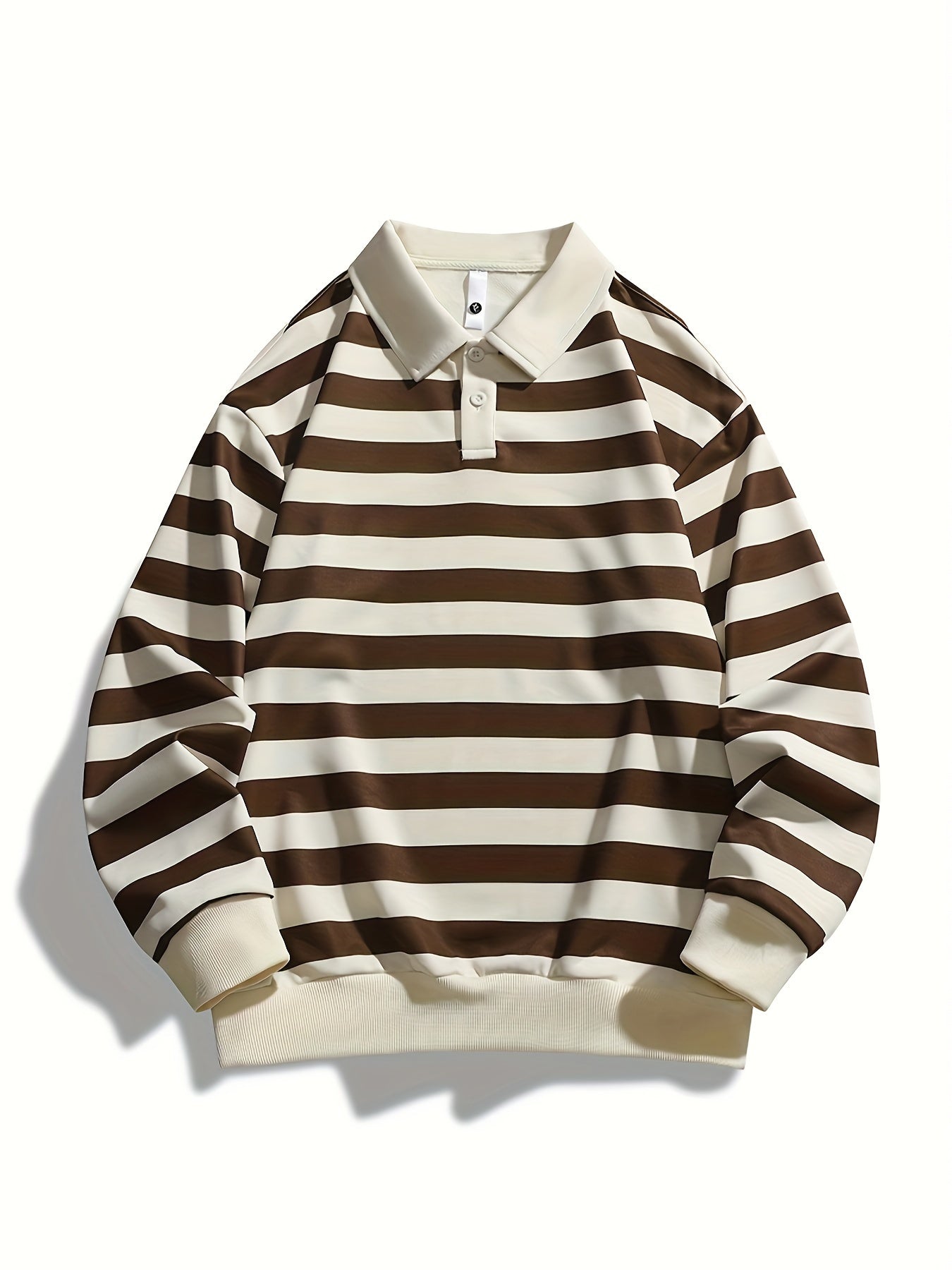 [Regular Fit Striped Polo Shirt] Men's Striped Long Sleeve Polo Shirt, Casual Style, Polyester Fabric, Regular Fit, Knitted, Crew Neck, No Detail, Regular Type, Sportswear T-Shirt voguable