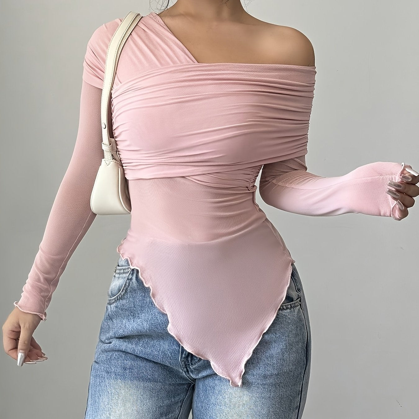 Long Sleeve Polyester Blend Off the Shoulder Asymmetrical Hem T-Shirt - Medium Stretch Knit Fabric, Solid Color, for Spring/Summer/Fall voguable