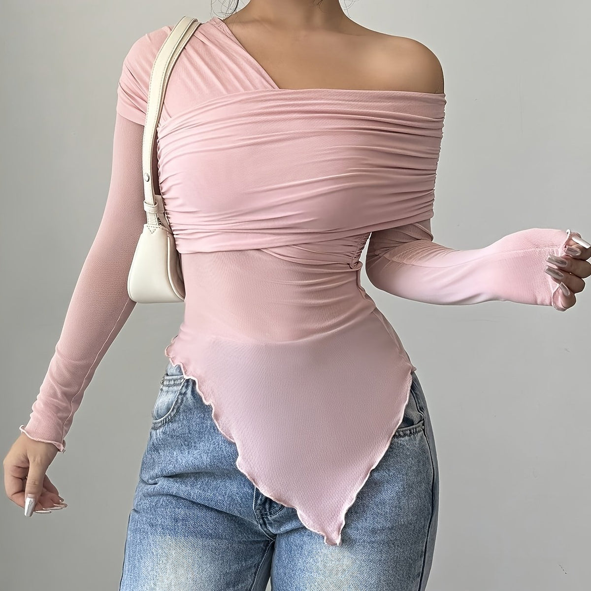 Long Sleeve Polyester Blend Off the Shoulder Asymmetrical Hem T-Shirt - Medium Stretch Knit Fabric, Solid Color, for Spring/Summer/Fall voguable